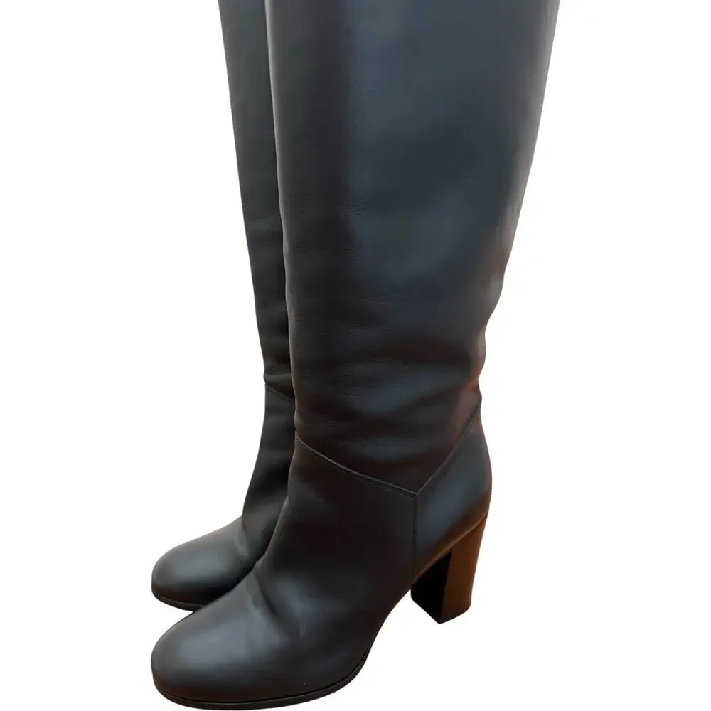 CHANEL Tall Black Leather Knee High Boots Size 38 CC Logo Block Heel